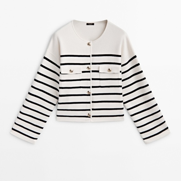 NWT. Massimo Dutti Pale Ecru/Black Striped Knit Cardigan. Size XS. - Picture 7 of 12